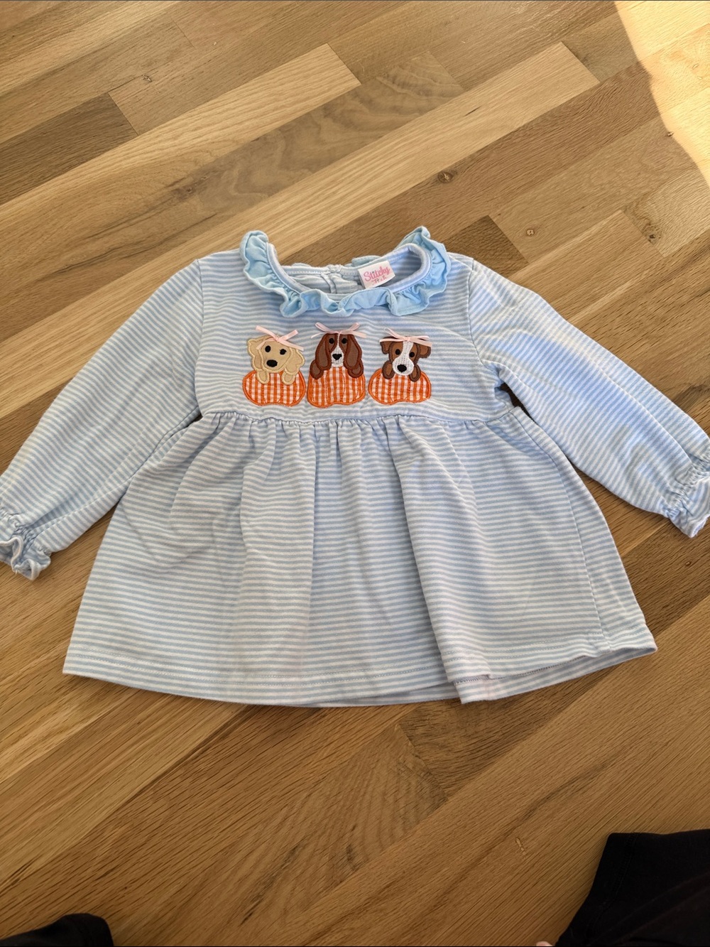 Blue Striped Long-Sleeve Top with Puppy Appliques - Smocked Detail